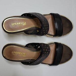 Sperry Top Sider Leather Wedges Eyelet Sisal Rope Slide On Sandals Tan Brown